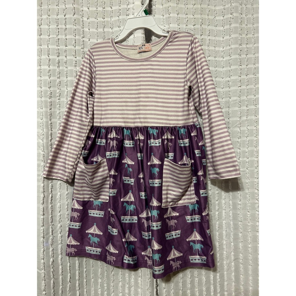Pete + Lucy Girls Carousel Horse Striped Long Sleeve Pocket Dress Purple 3T